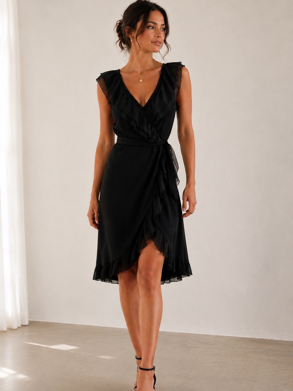 White House Black Market Black Coquette Chiffon Ruffle Wrap Dress | Size 6